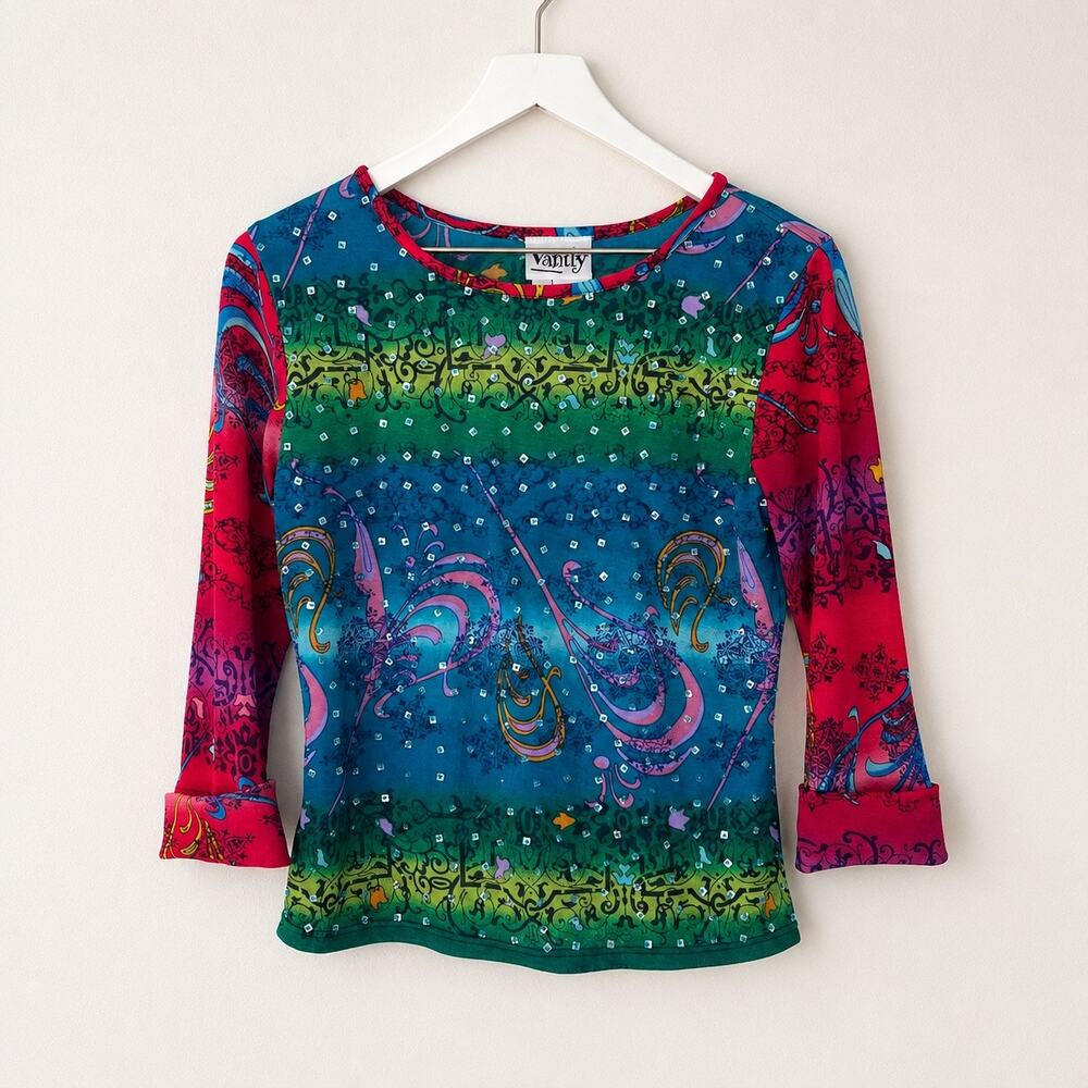 Vanity Y2K Whimsigoth Teal Paisley Sequin 3/4 Sleeve Top Large